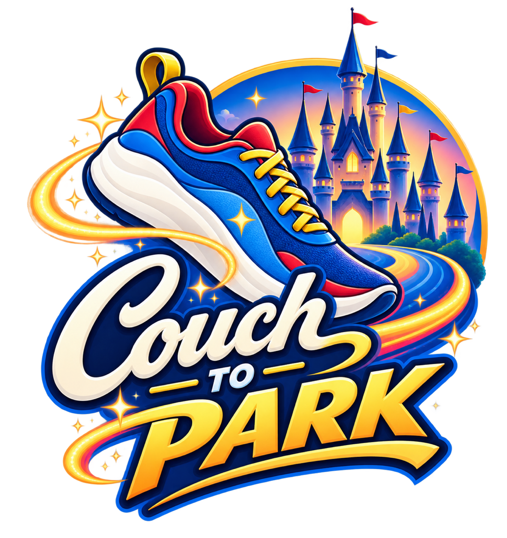 Couch to Park: a bright running shoe leading toward a theme park castle